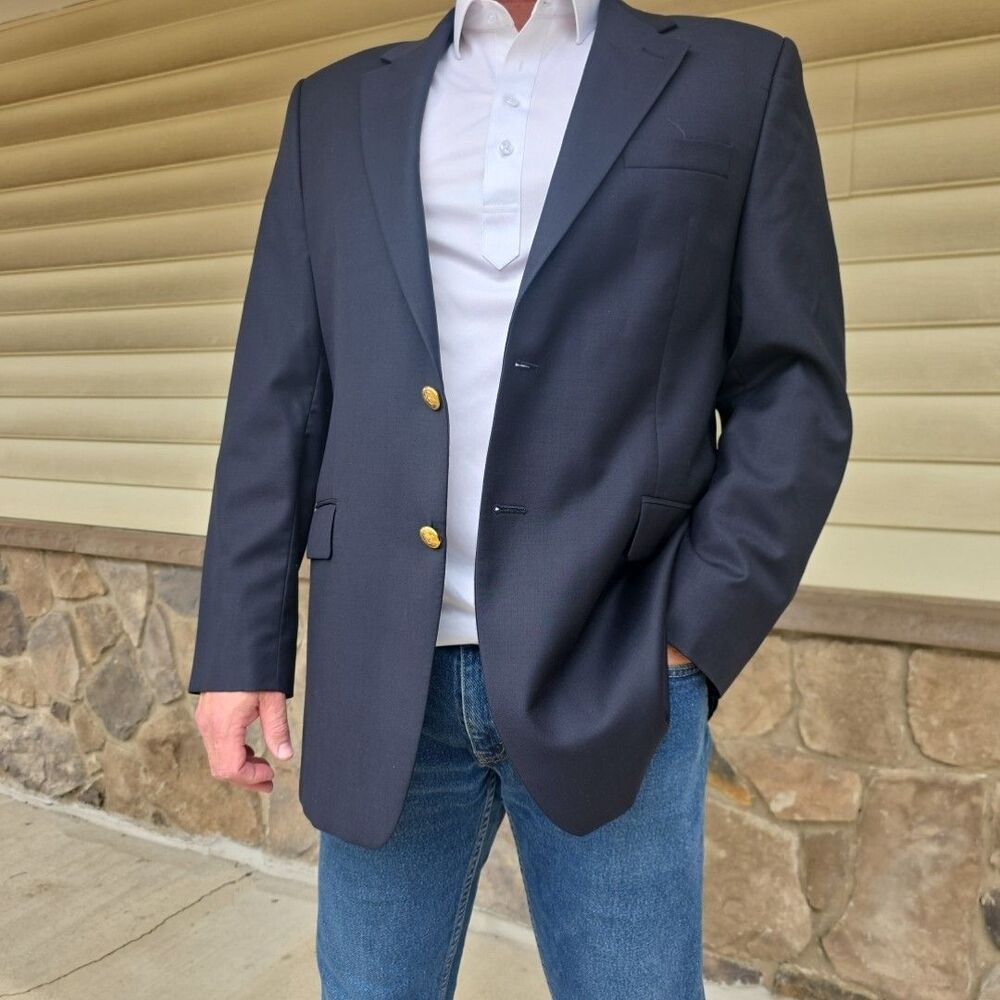 LRL Lauren Ralph Lauren Wool Blazer Mens 43L Navy Blue Gold Buttons Sports Coat